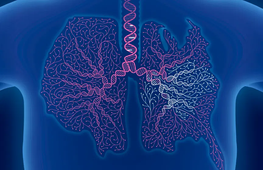 An illustration of a glowing human torso whose lungs are formed from branching DNA strands, with part of one lung highlighted.