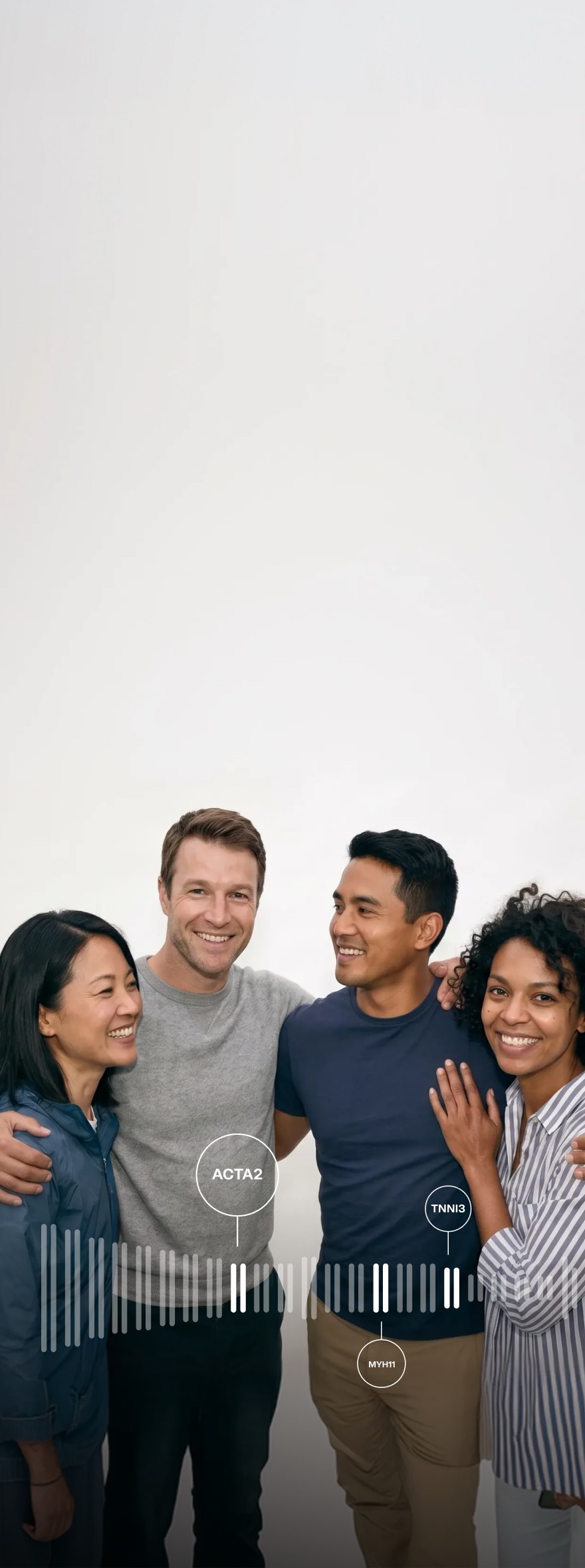 Four smiling 23andMe research participants embracing, with the ACTA2, MYH11 and TNNI3 genes called out on a chromosome graphic.