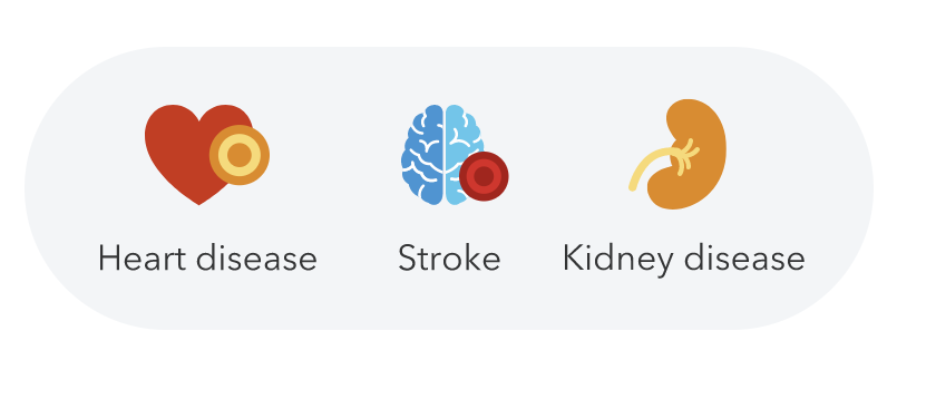 Icons labeled heart disease, stroke and kidney disease.