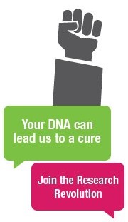 A raised fish with the message 'your dna can lead us to a cure, join the research revolution.'