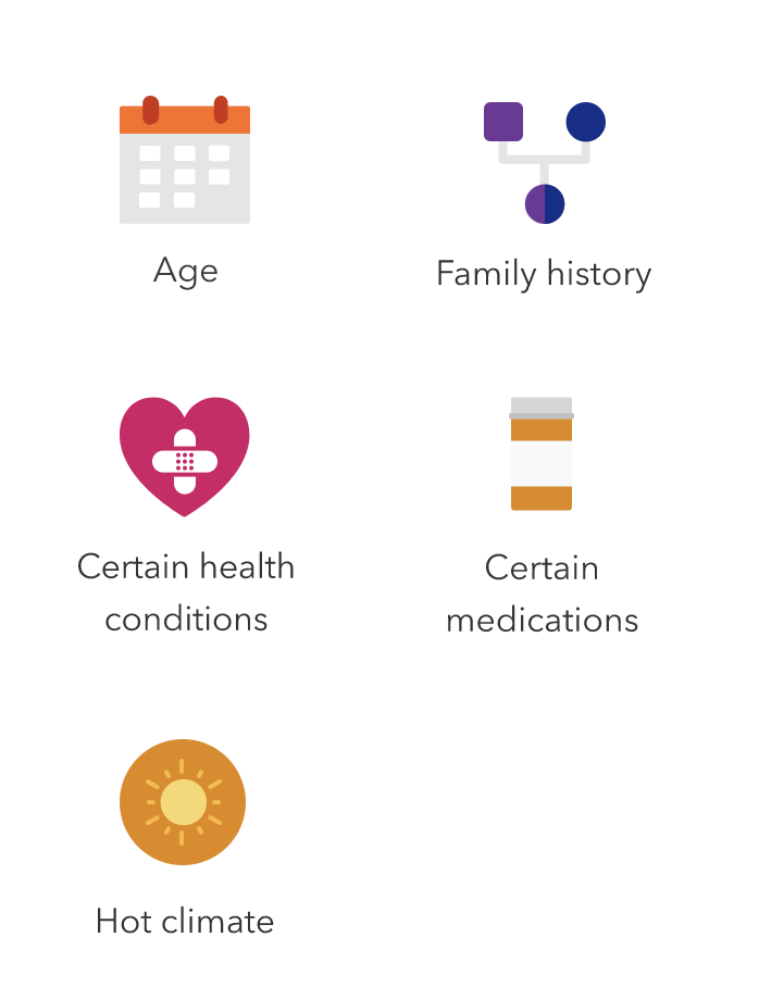 Icons labeled age, family history, certain health conditions, certain medications and hot climate.